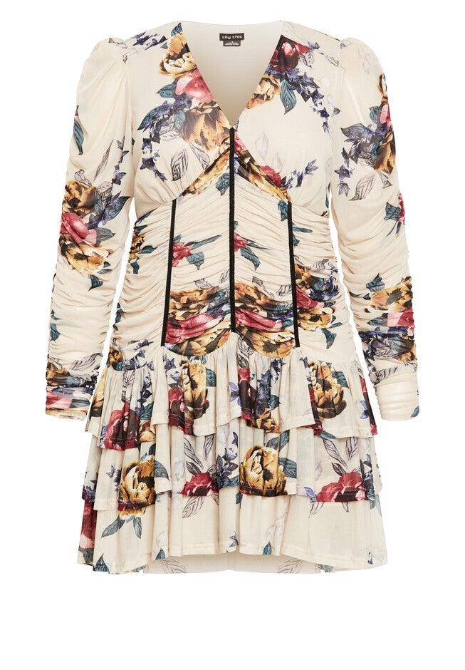 Mesh Ruche Print Dress - cream, GREY, alternate image number null