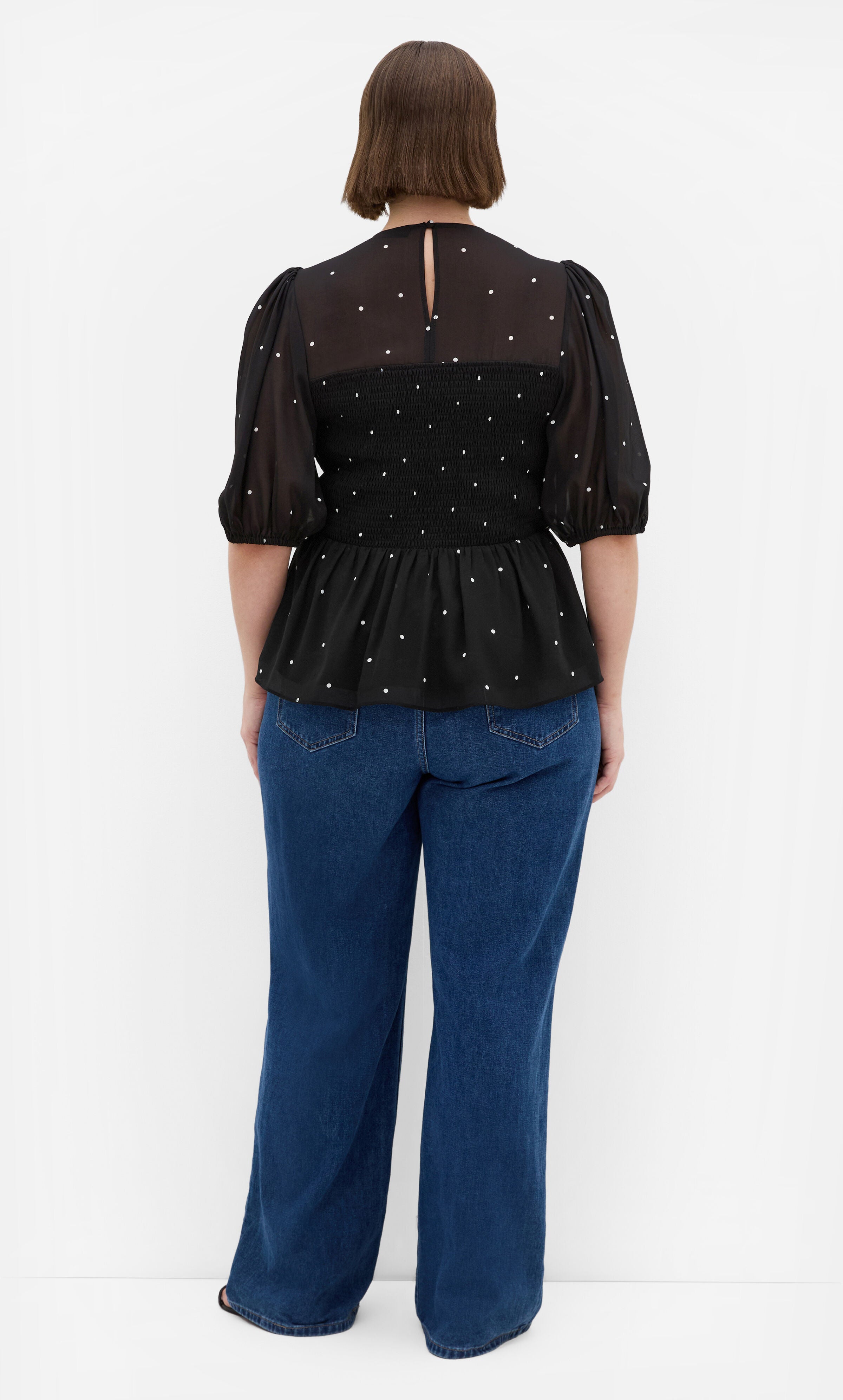 Esther Spot Print Shirred Top, BLACK, alternate image number 2