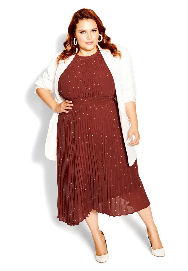 Pleated Spot Dress - cinnamon, BROWN, on-hover image number null