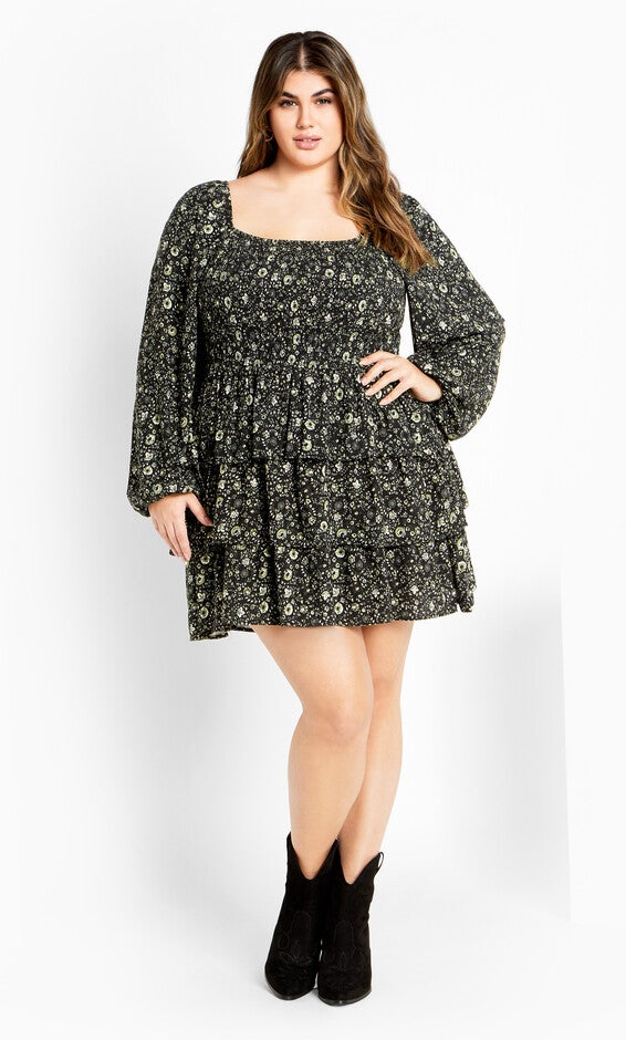 Dahlia Print Mini Dress - olive ditsy, GREEN, hi-res image number null