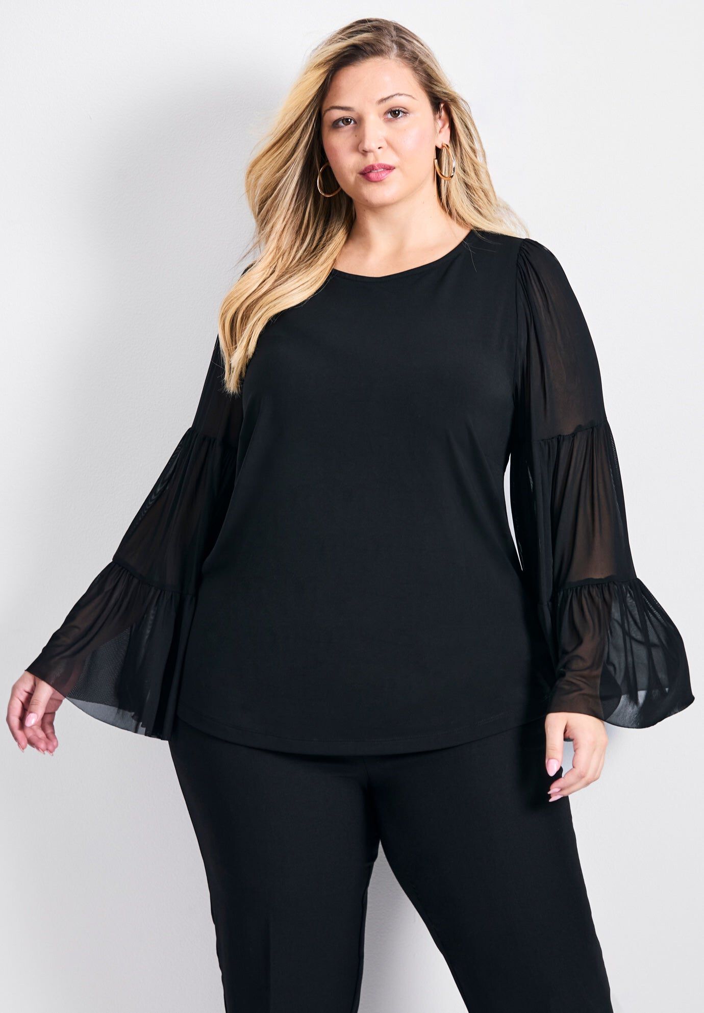 Mesh Stripe Bell Sleeve Top