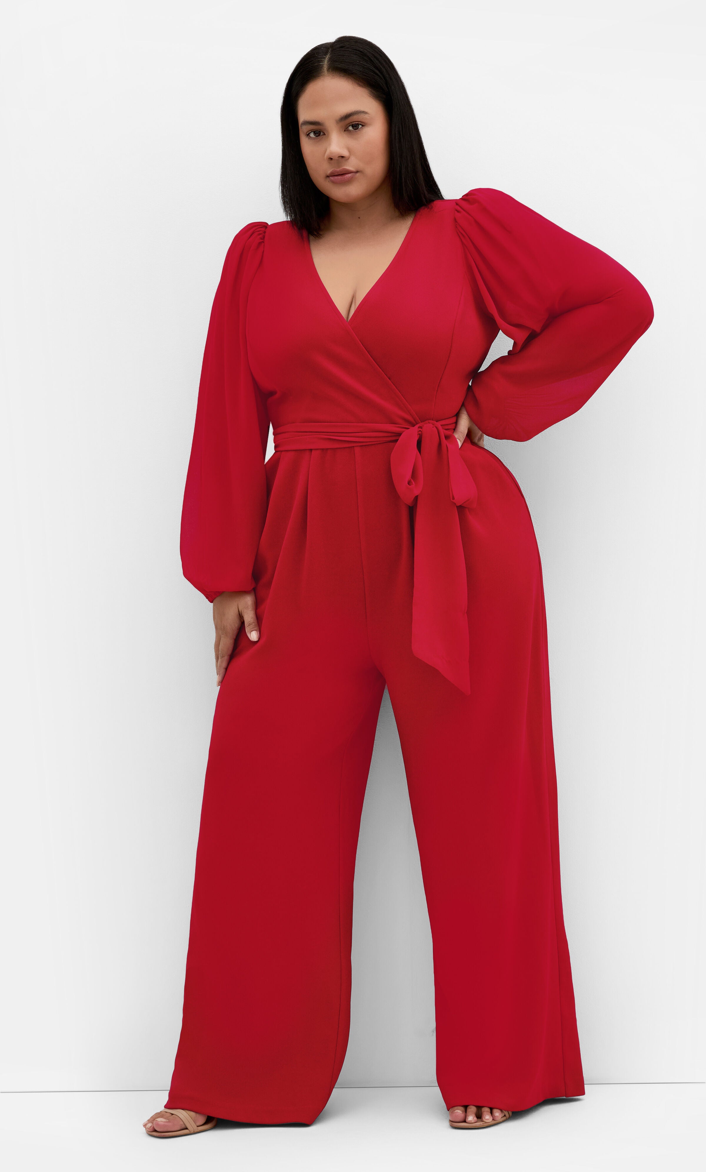 Sheer Sleeve Wide Leg Jumpsuit  - cherry