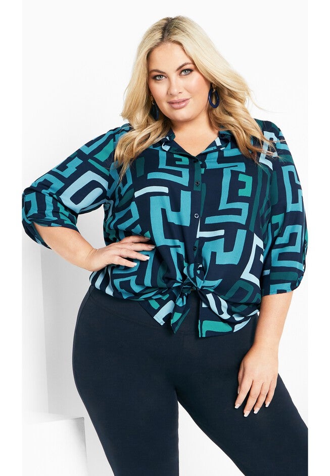 Longline Print Blouse, NAVY TEAL GEO, hi-res image number null