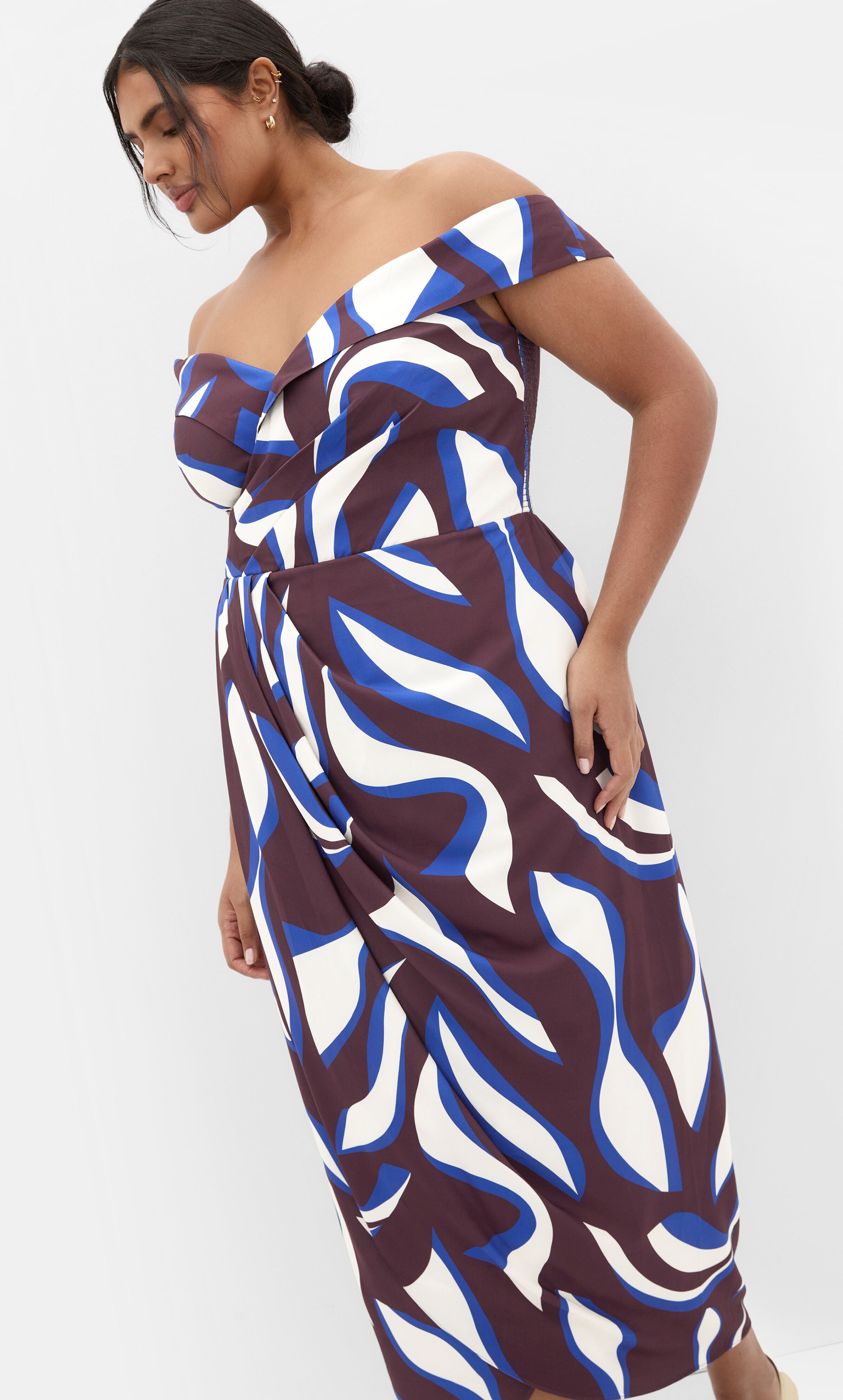 Claire Print Off Shoulder Dress - cocoa, ORANGE, hi-res image number 0