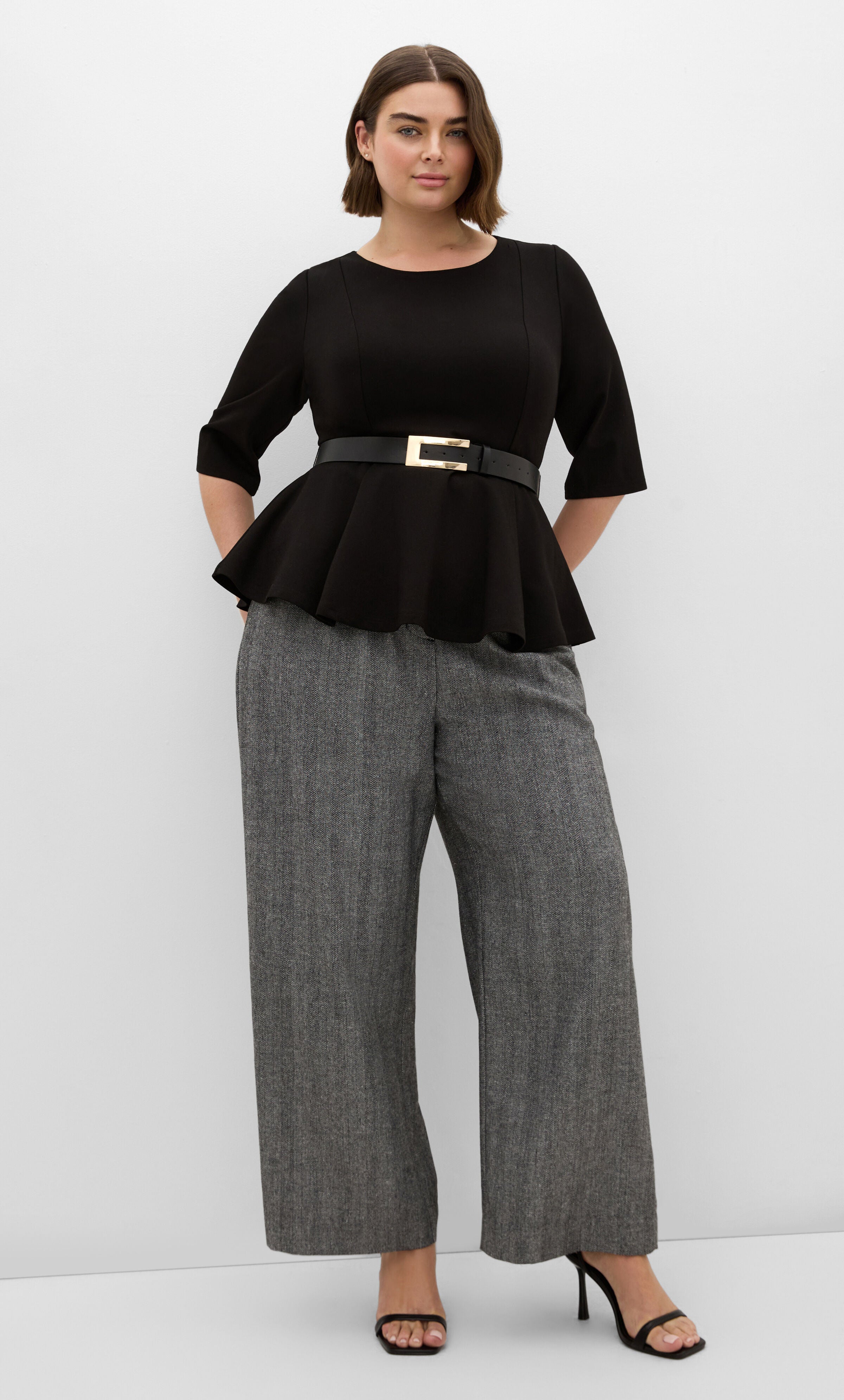 Paige Belted Peplum Top, BLACK, on-hover image number 1