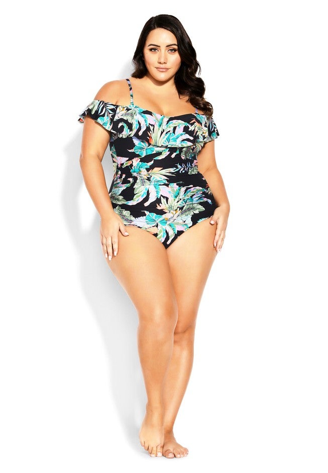 Samira Ruffle Print 1 Piece - black, BLACK, alternate image number null
