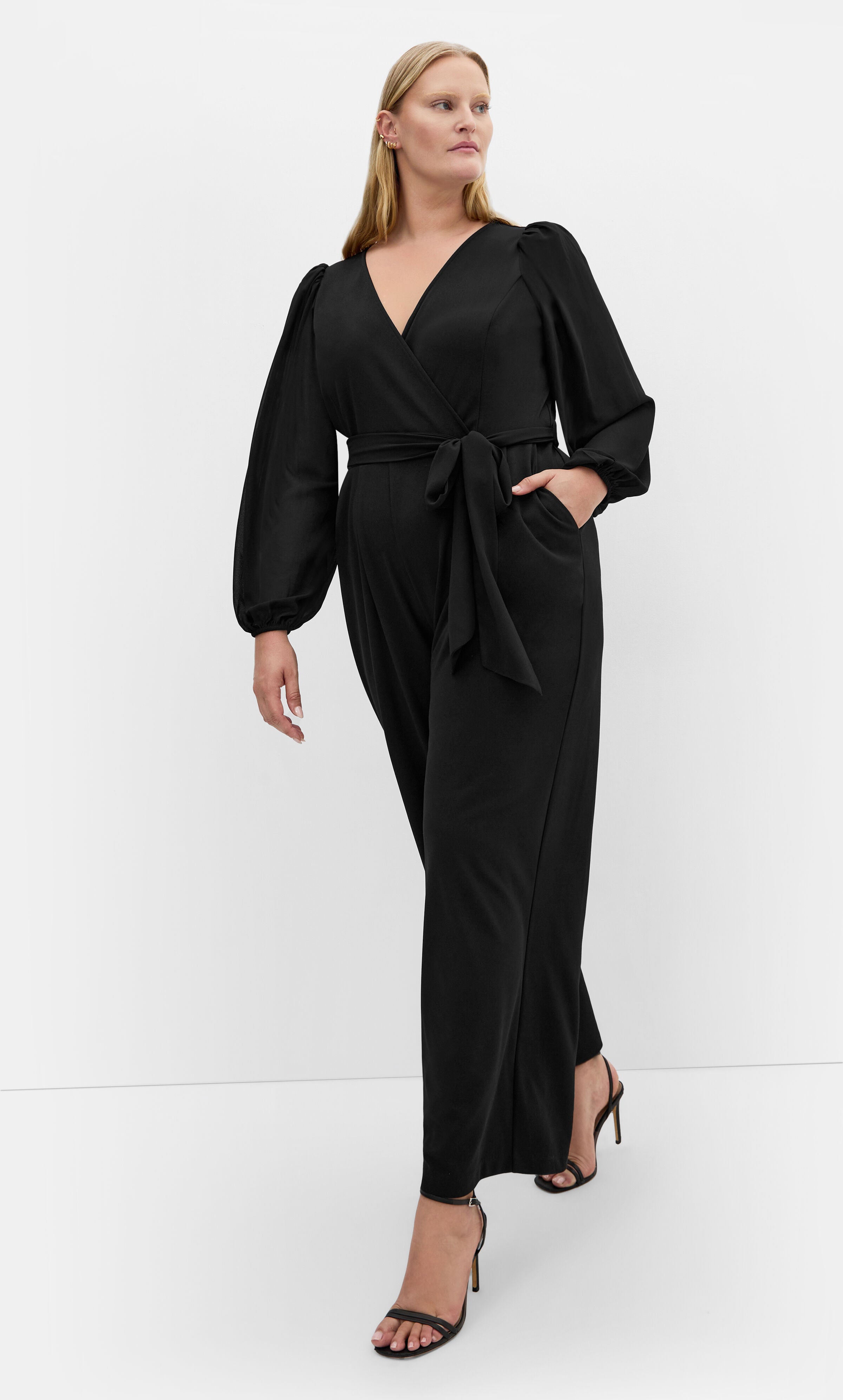 Sheer Sleeve Wide Leg Jumpsuit  - black, BLACK, alternate image number 3