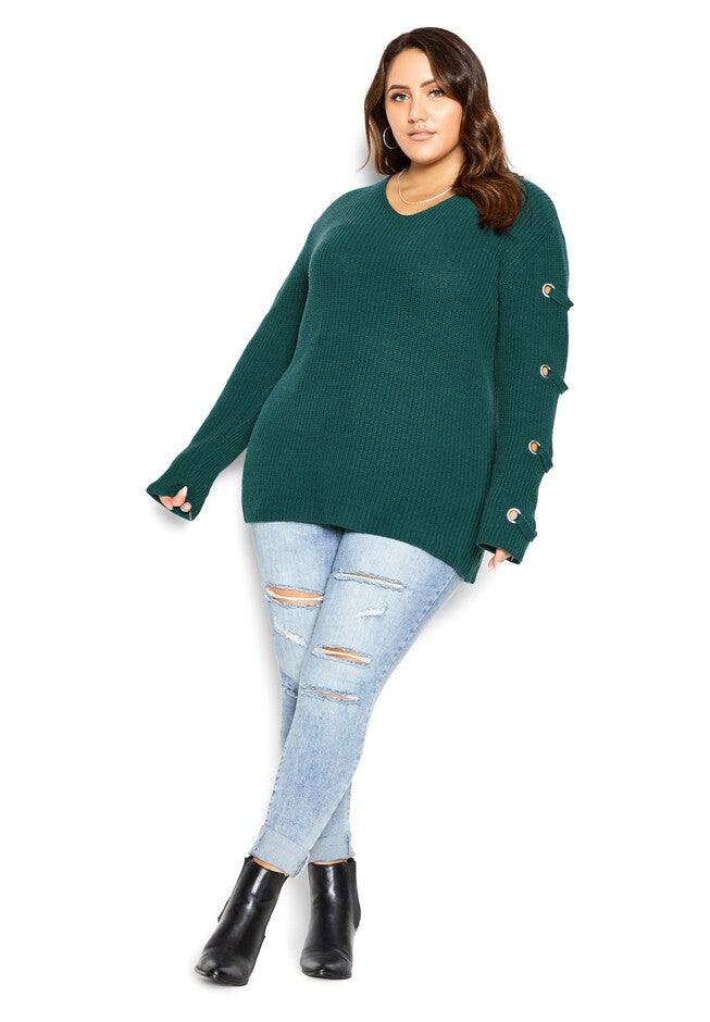 Eyelet Sleeve Sweater - alpine, GREEN, alternate image number null