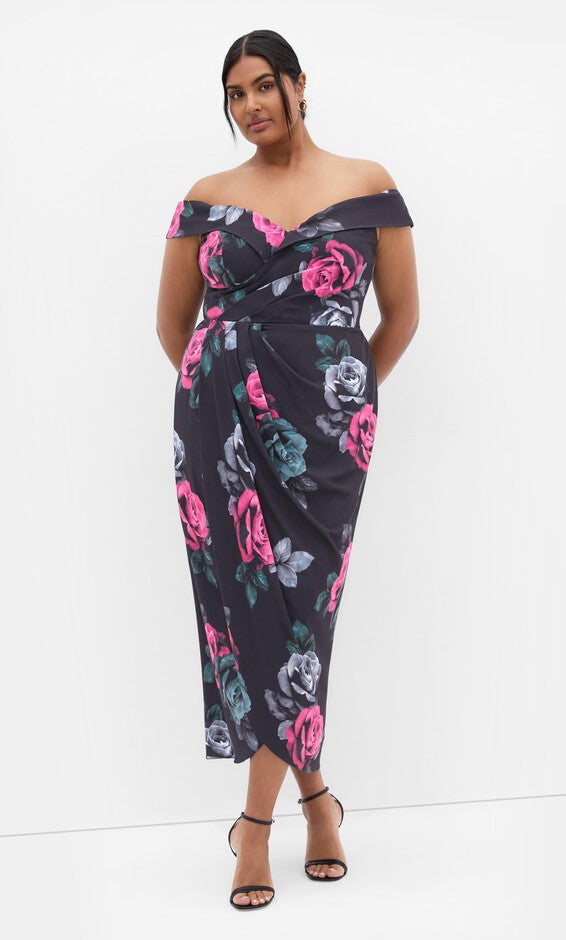 Claire Print Off Shoulder Dress - black, BLACK, hi-res image number null