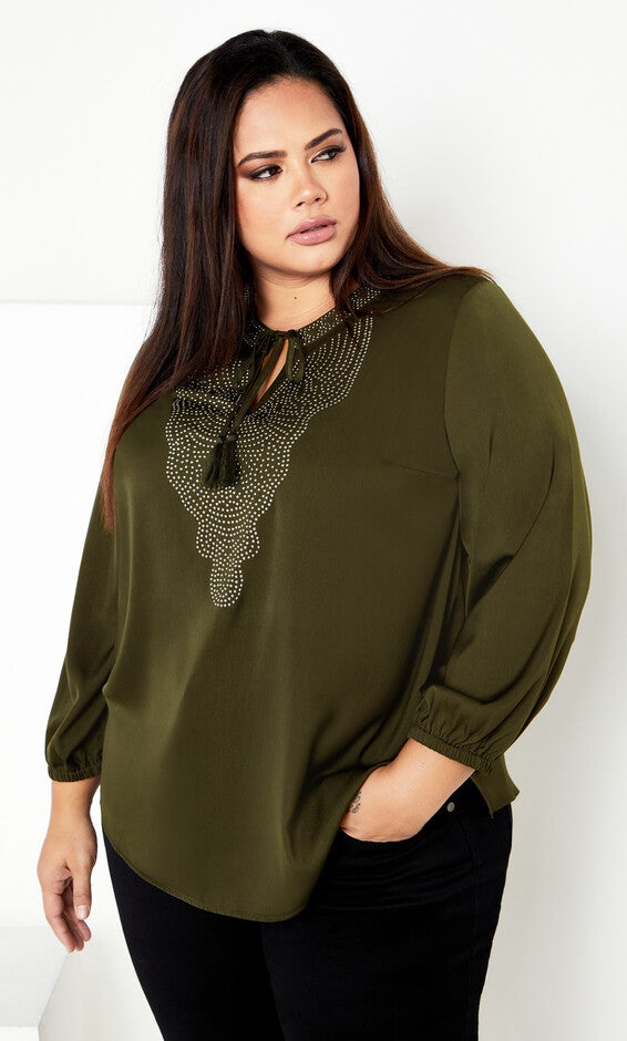 Detail Neck Top - khaki, GREEN, hi-res image number 0