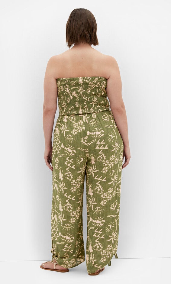 Smocked Print Jumpsuit - khaki, GREEN, alternate image number null