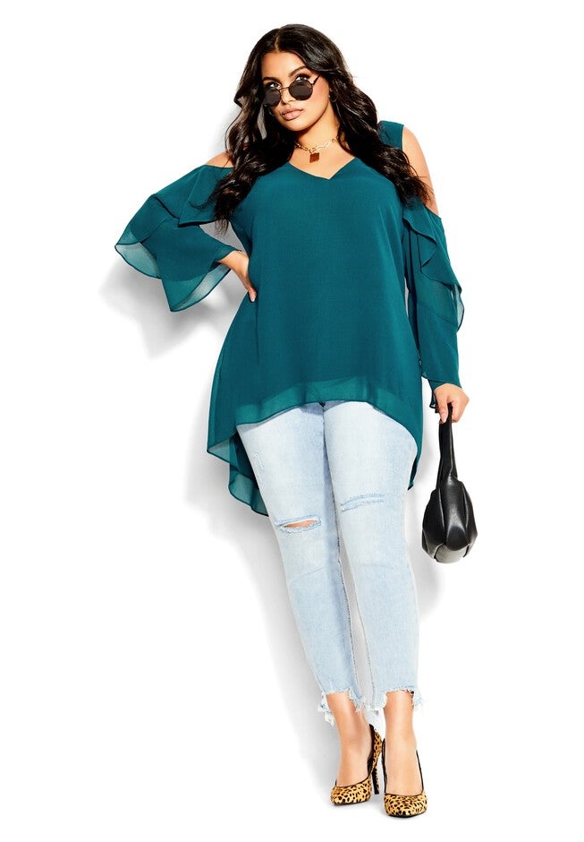 Hi Lo Cold Shoulder Top - teal, GREEN, on-hover image number 1