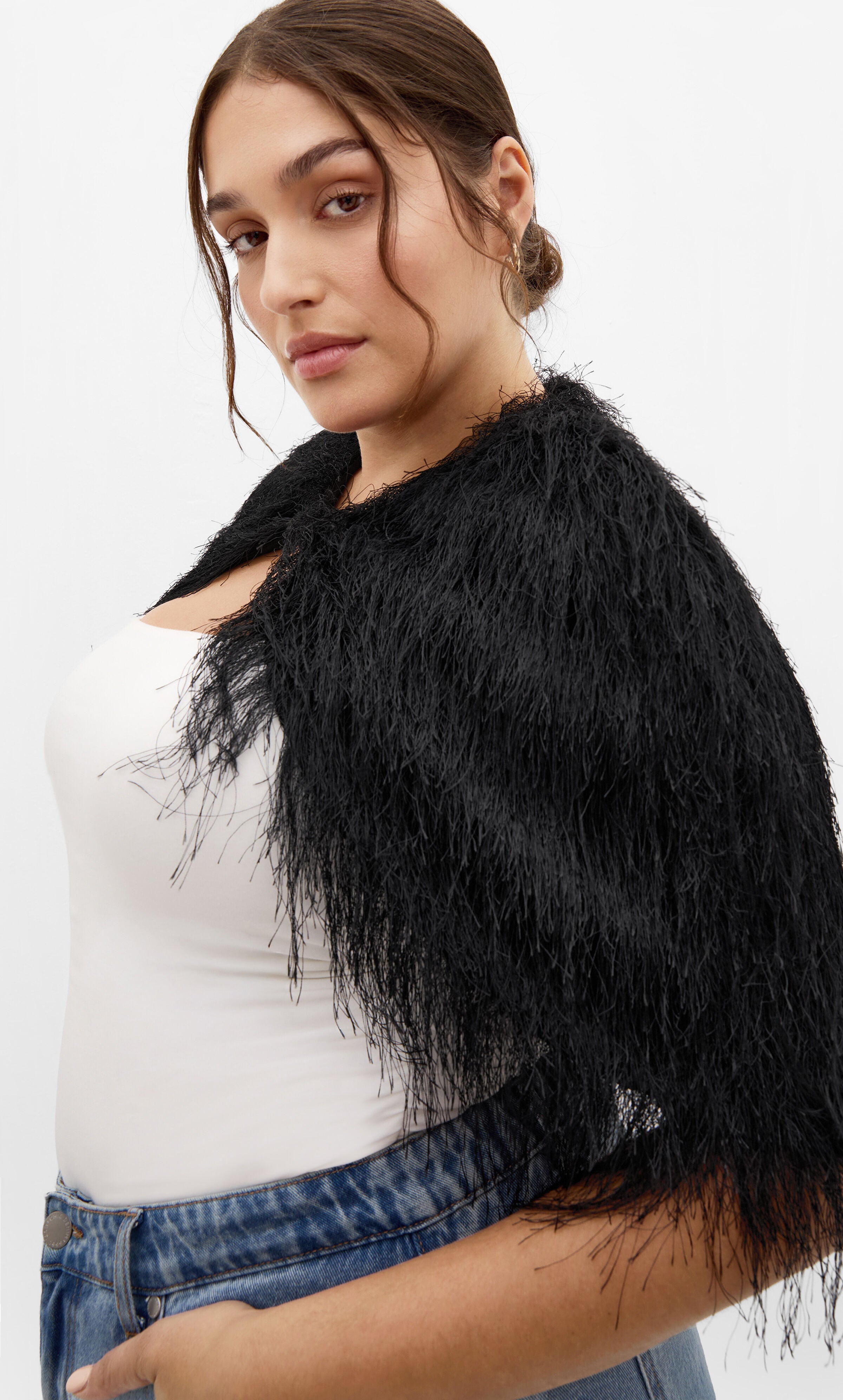 Susie Fringe Capelet, BLACK, alternate image number 3