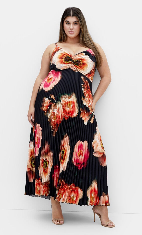 Ariana Print Pleat Dress - black, BLACK, hi-res image number null