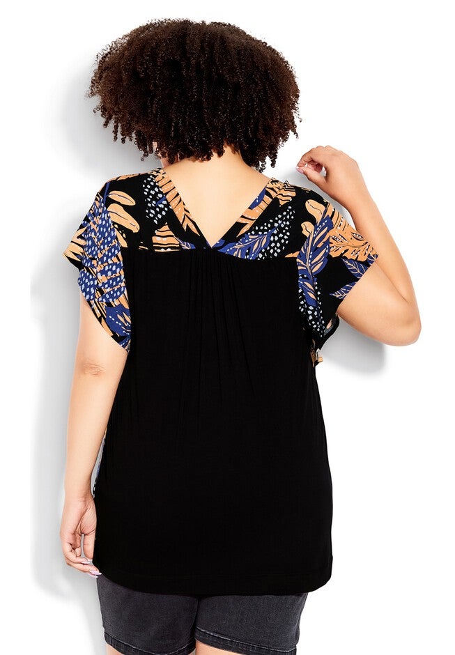 Mixed Media V-Neck Ruffle Top, SKYLIGHT PALM, on-hover image number null