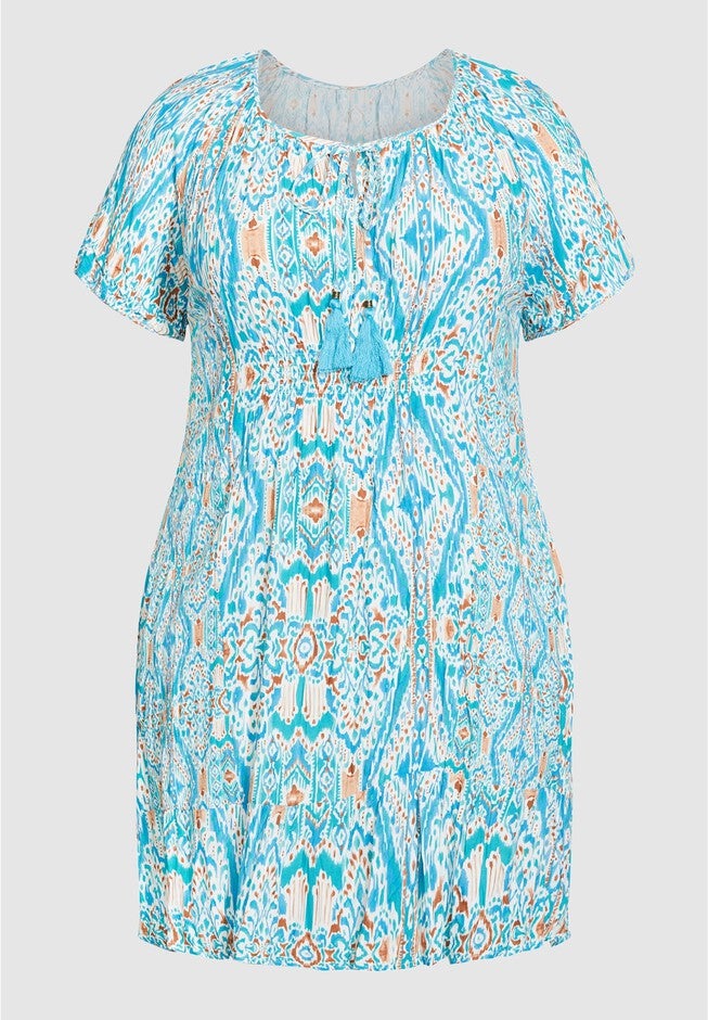 Avalon Crush Tassel Tie Ruffle Tunic, AQUA IKAT, on-hover image number null