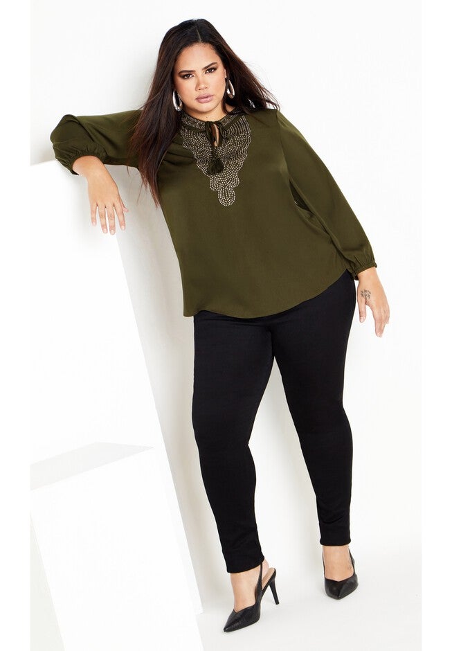 Detail Neck Top - khaki, GREEN, on-hover image number 1