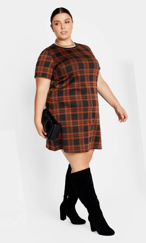 Check Love Shift Silhouette Mini Dress - caramel, CARAMEL, hi-res image number null