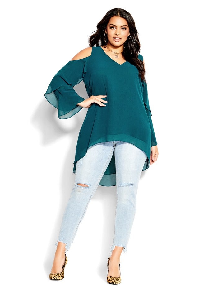 Hi Lo Cold Shoulder Top - teal, GREEN, alternate image number 5