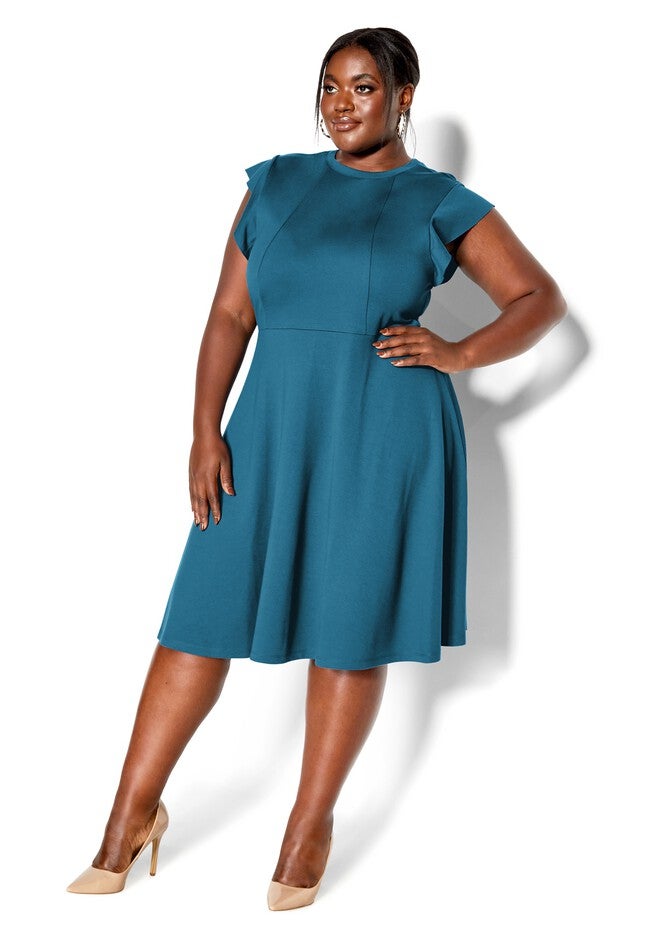Frill Shoulder Dress - teal, BLUE, alternate image number null