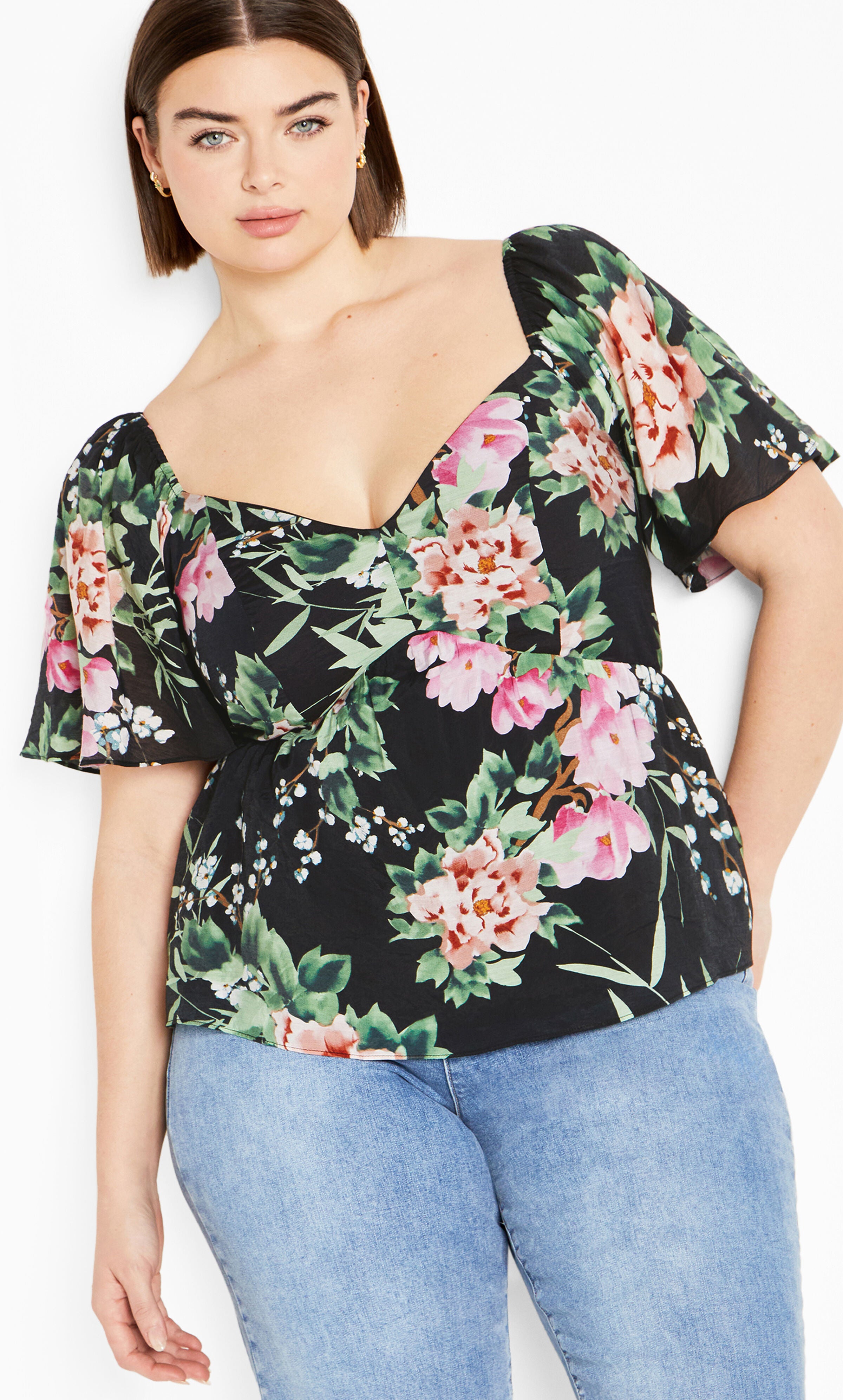 Marci Print Top - black, BLK SWEET BLOSSOM, hi-res image number 0