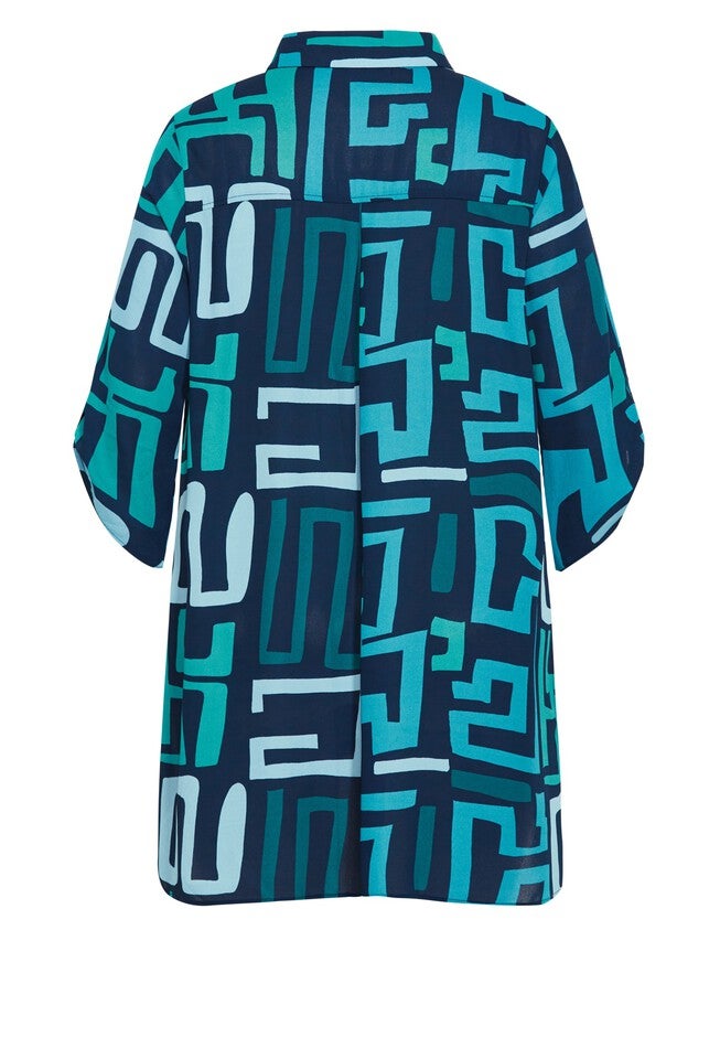 Longline Print Blouse, NAVY TEAL GEO, alternate image number null