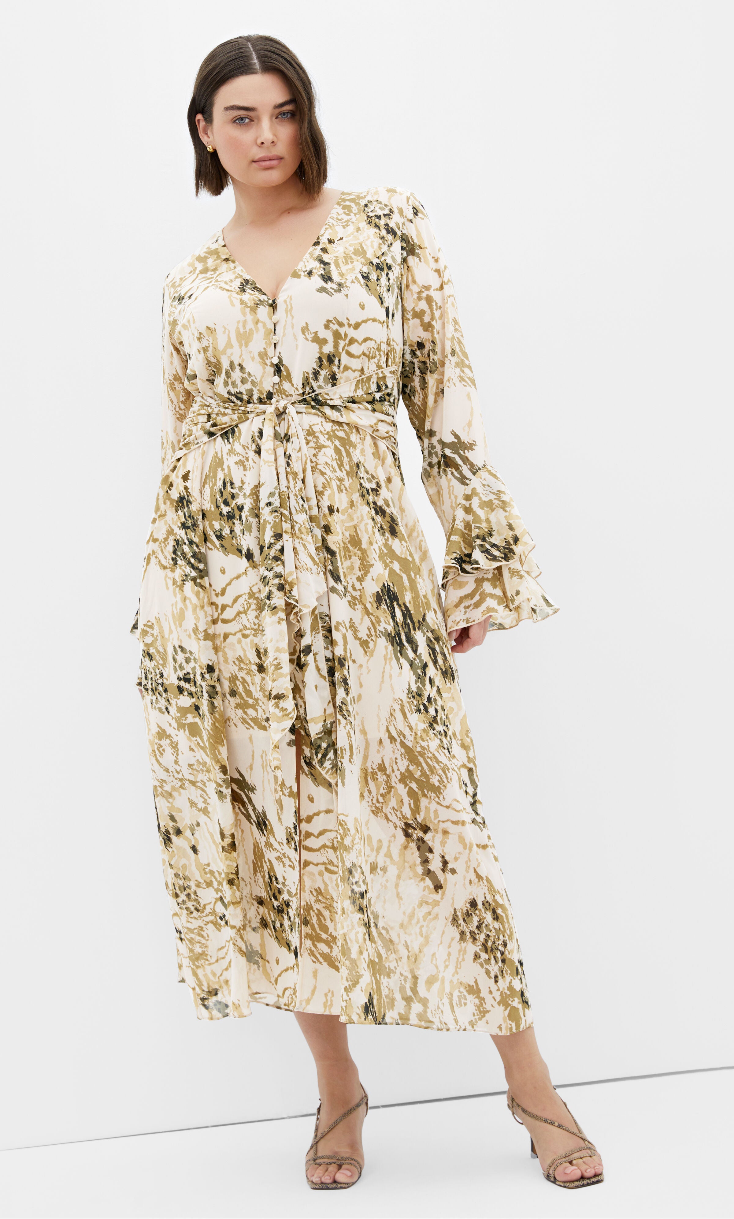 Plunge Frill Print Maxi Dress - natural, BEIGE, alternate image number 2