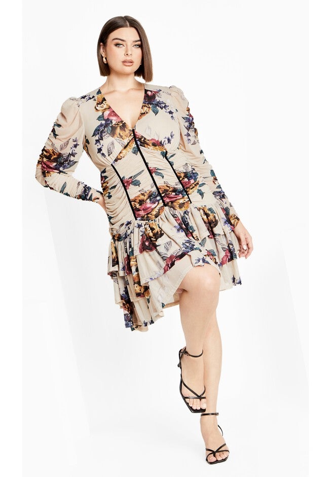 Mesh Ruche Print Dress - cream, GREY, alternate image number null