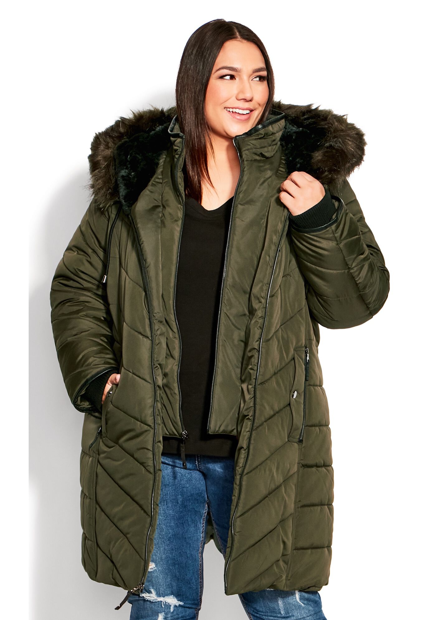Avenue Women's Plus Size Chevron Faux Fur Hood Long Puffer Coat - Picture 17 of 25