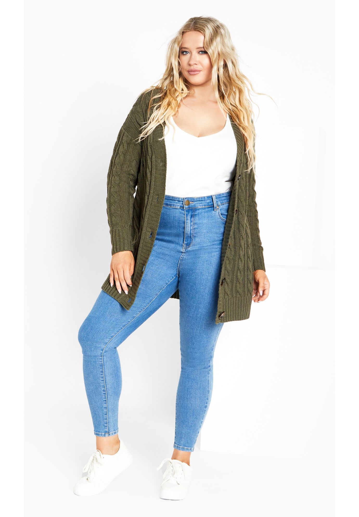 Cara Cable Knit V Neck Cardigan, OLIVE, on-hover image number 1