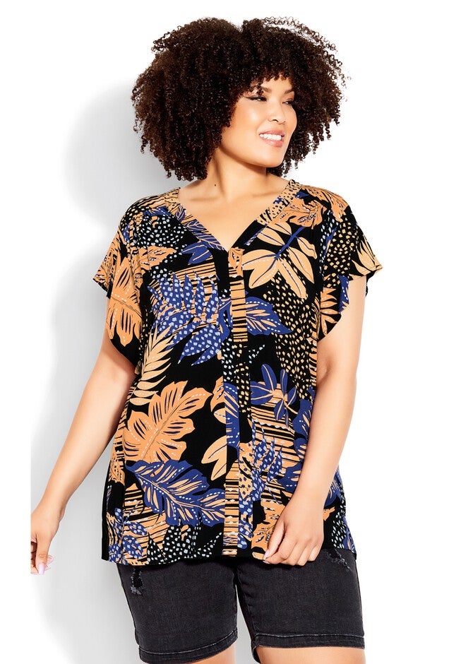 Mixed Media V-Neck Ruffle Top, SKYLIGHT PALM, alternate image number null