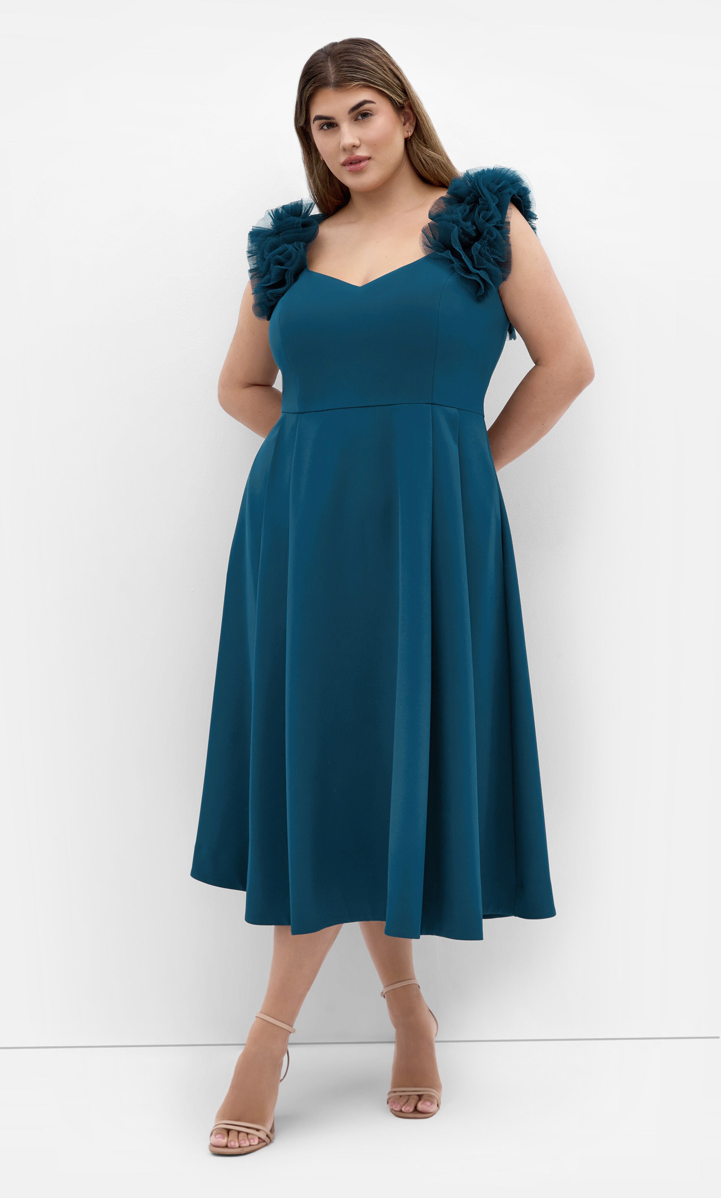 Roselyn Ruffle Tulle Midi Dress - peacock, GREEN, hi-res image number 0