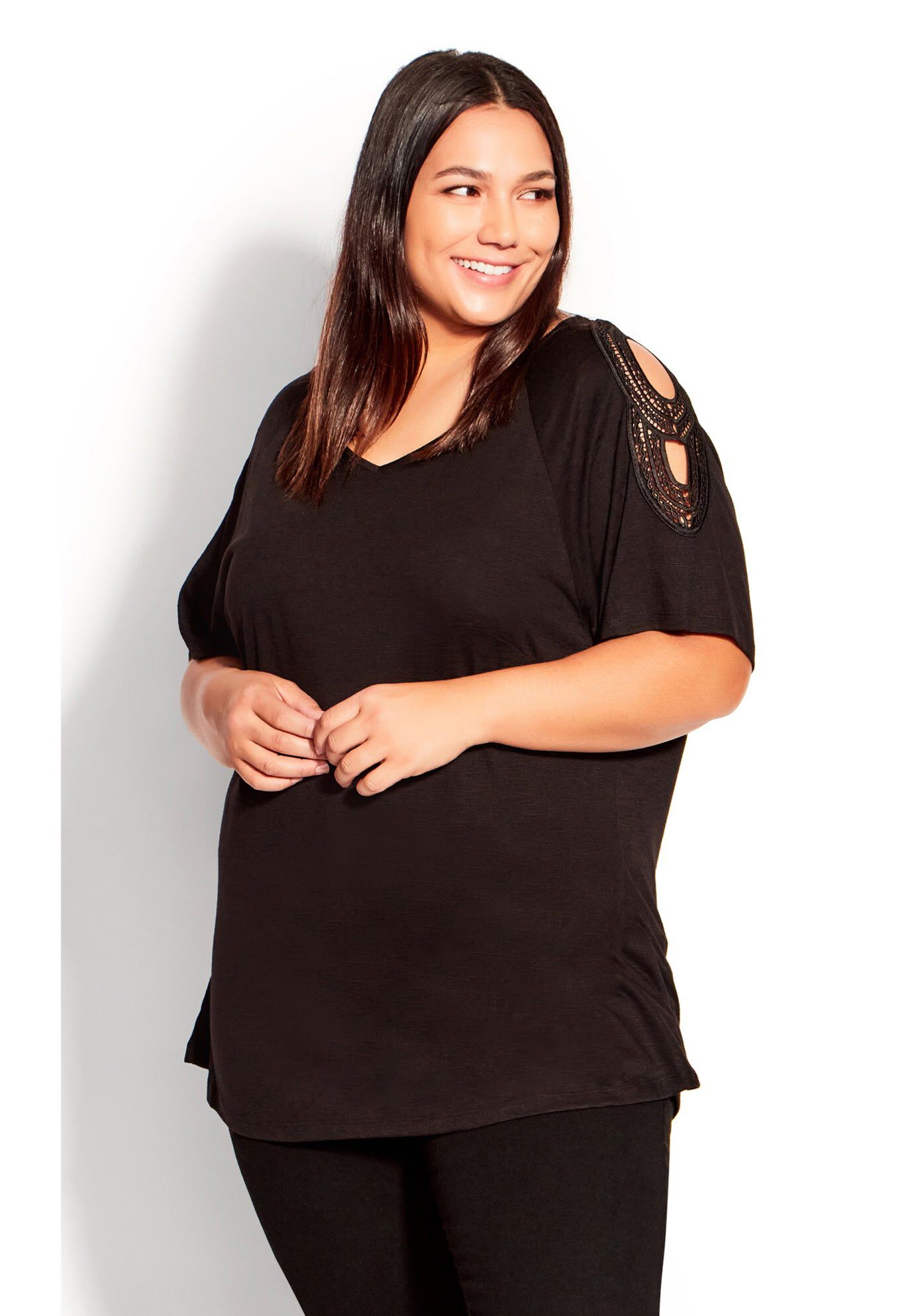 Crochet Cut Out Top, BLACK, hi-res image number 0