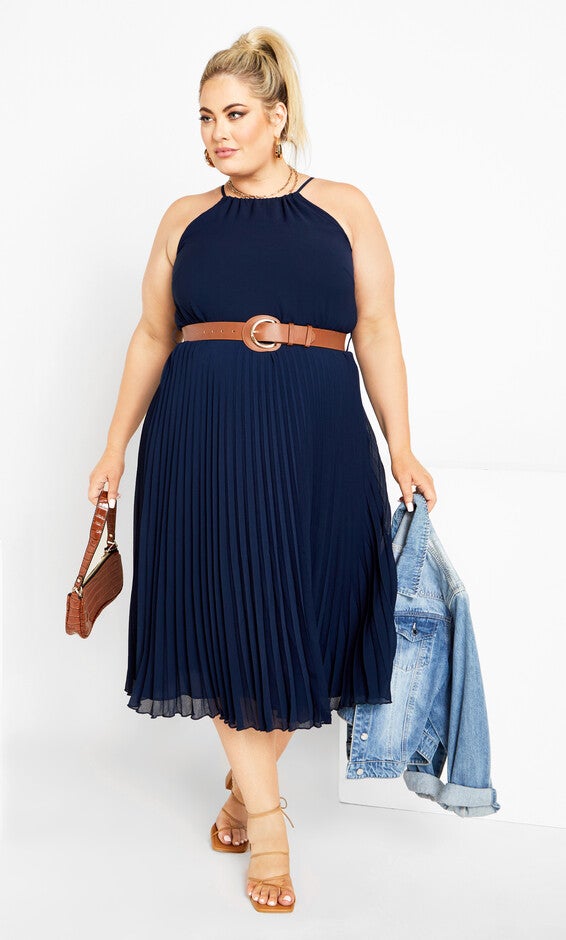 Halter Pleat Dress - navy, BLUE, alternate image number null