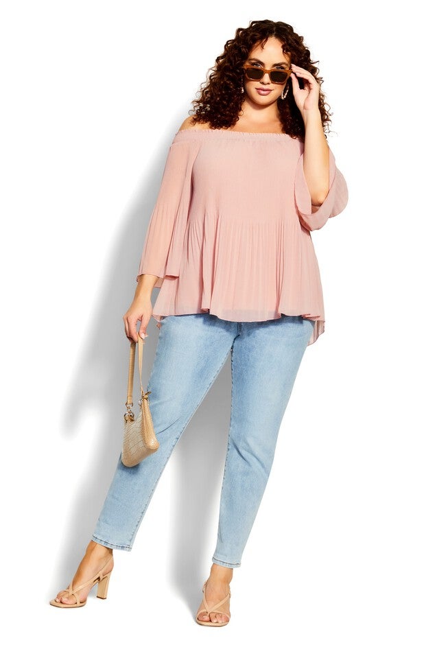 Pleated Off Shoulder Top - petal pink, PINK, on-hover image number null