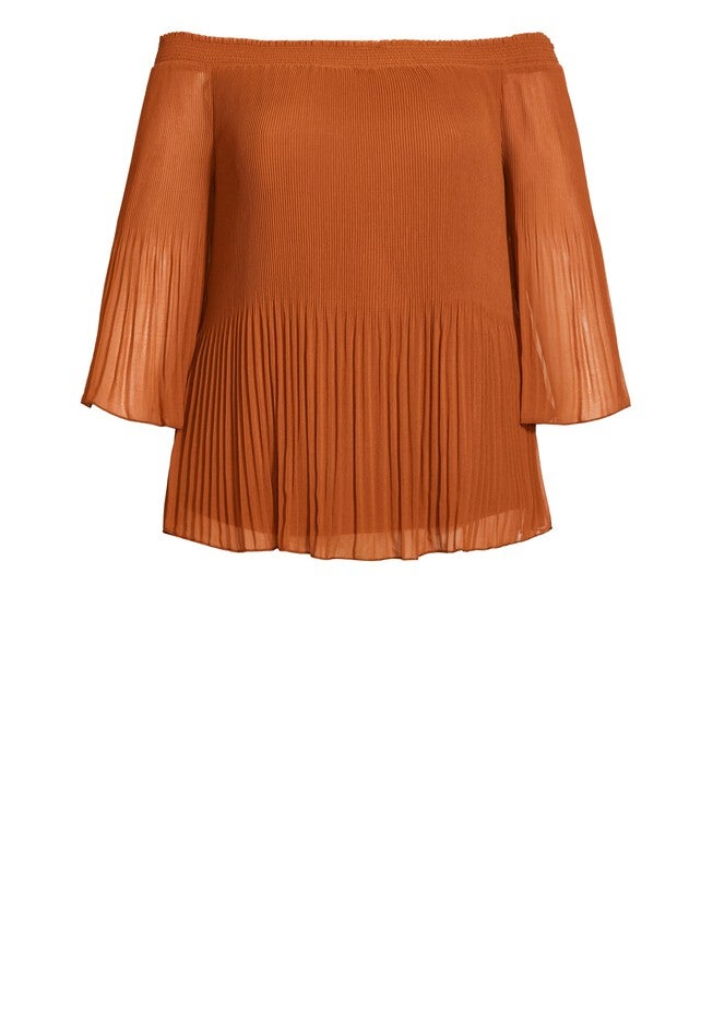 Pleated Off Shoulder Top - ginger, ORANGE, alternate image number null