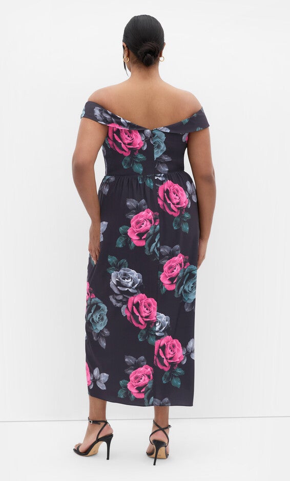 Claire Print Off Shoulder Dress - black, BLACK, alternate image number null