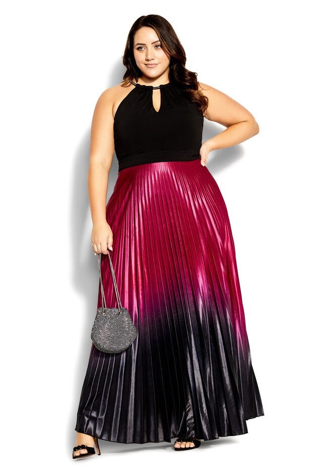 Pleated Ombre Maxi Dress - ruby, RED, on-hover image number 1
