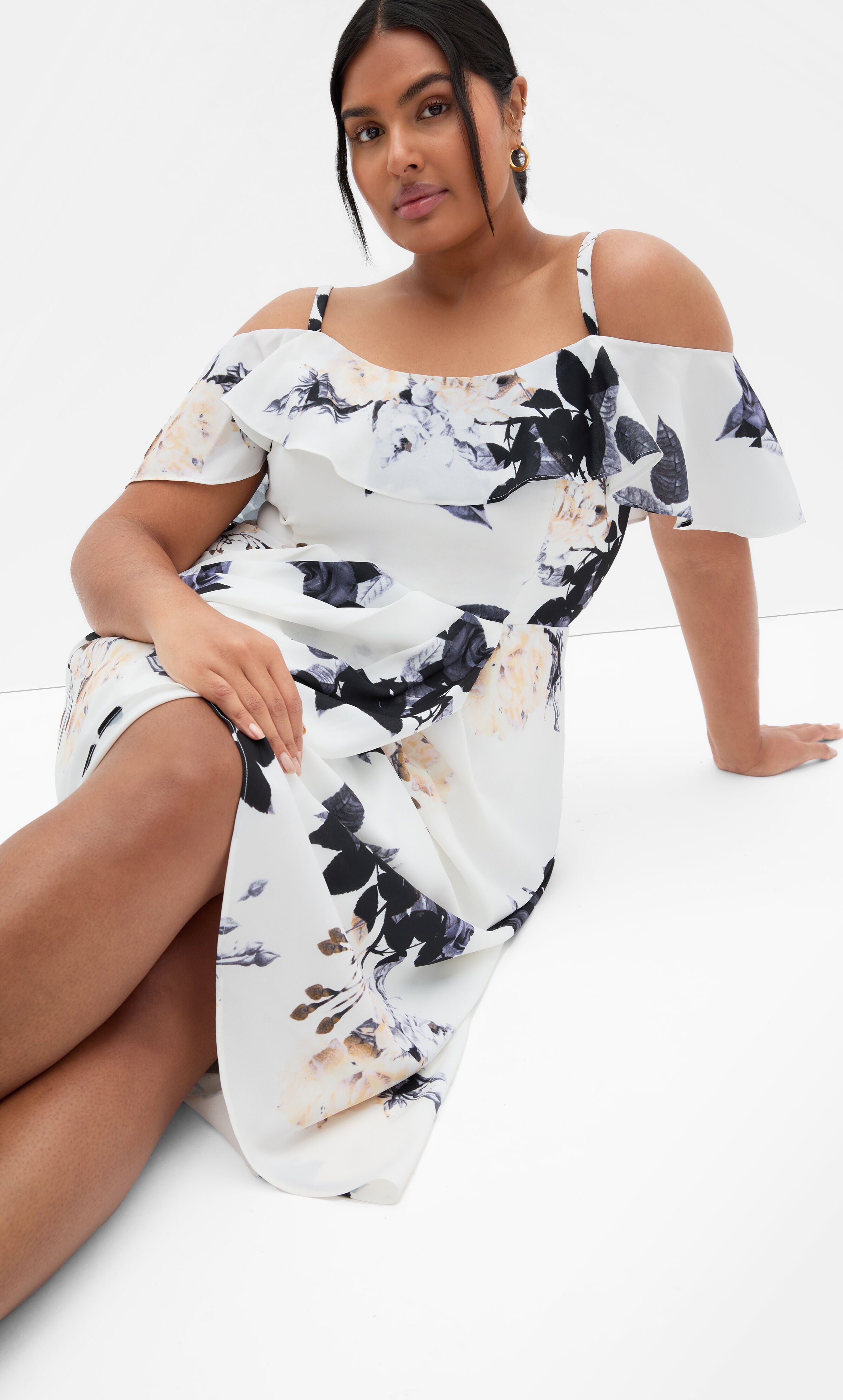 Floral Drape Midi Dress, WHITE, alternate image number 2