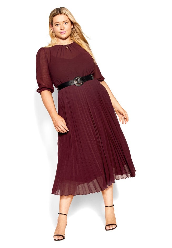 Love Pleat Elbow Sleeve Dress - garnet, RED, hi-res image number null