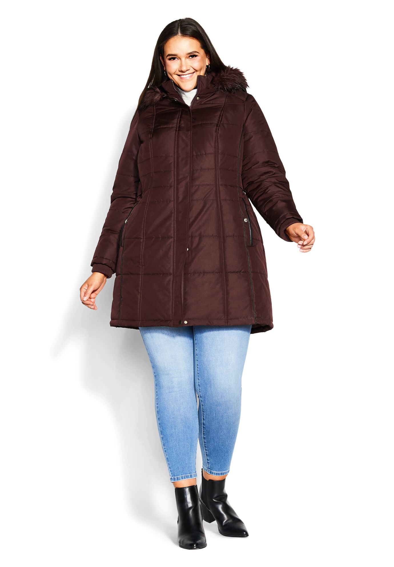 Side Belt Puffer Coat, WINE, alternate image number 3