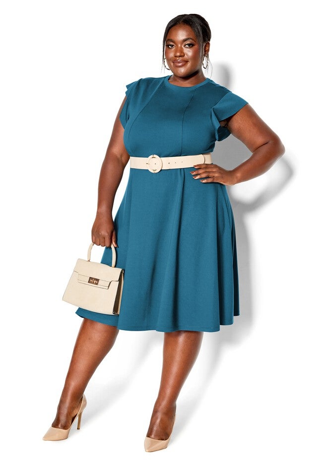 Frill Shoulder Dress - teal, BLUE, hi-res image number null