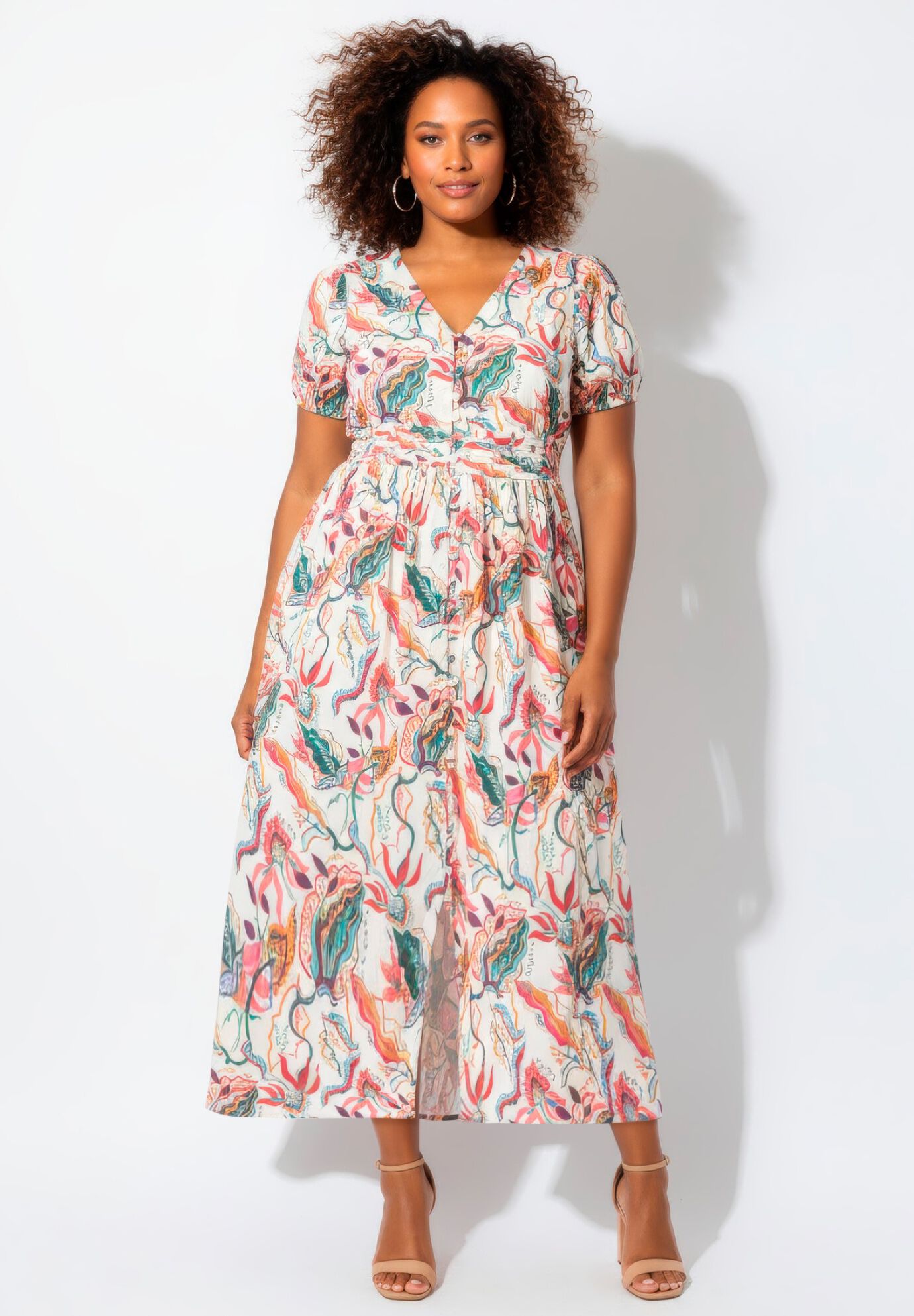 Button Front Midi Dress, IVORY MULTI FLOWERS, hi-res image number 0