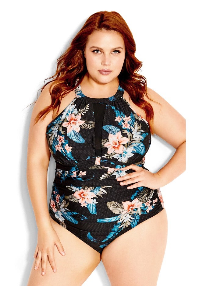 Azores Print 1 Piece - black floral, BLACK, hi-res image number null