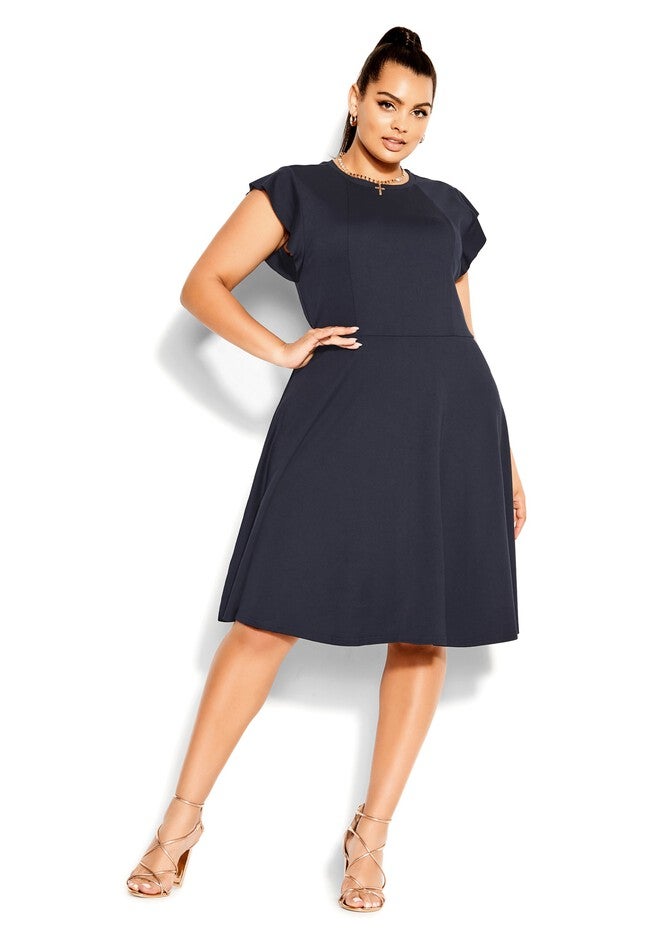 Frill Shoulder Dress - navy, BLUE, hi-res image number null