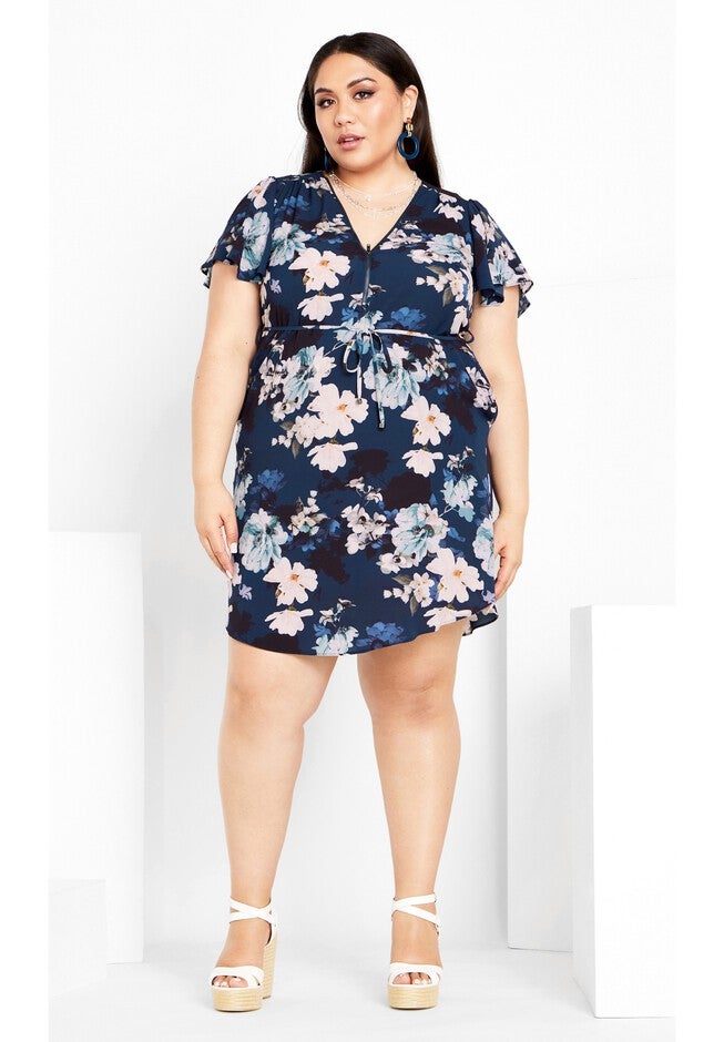 Megan Print Dress - navy, NAVY SHY ORCHID, on-hover image number 1