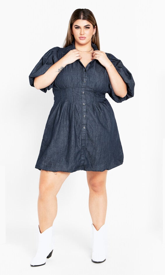 Denim Ella Puff Sleeve Mini Dress - dark denim, DARK, alternate image number 2