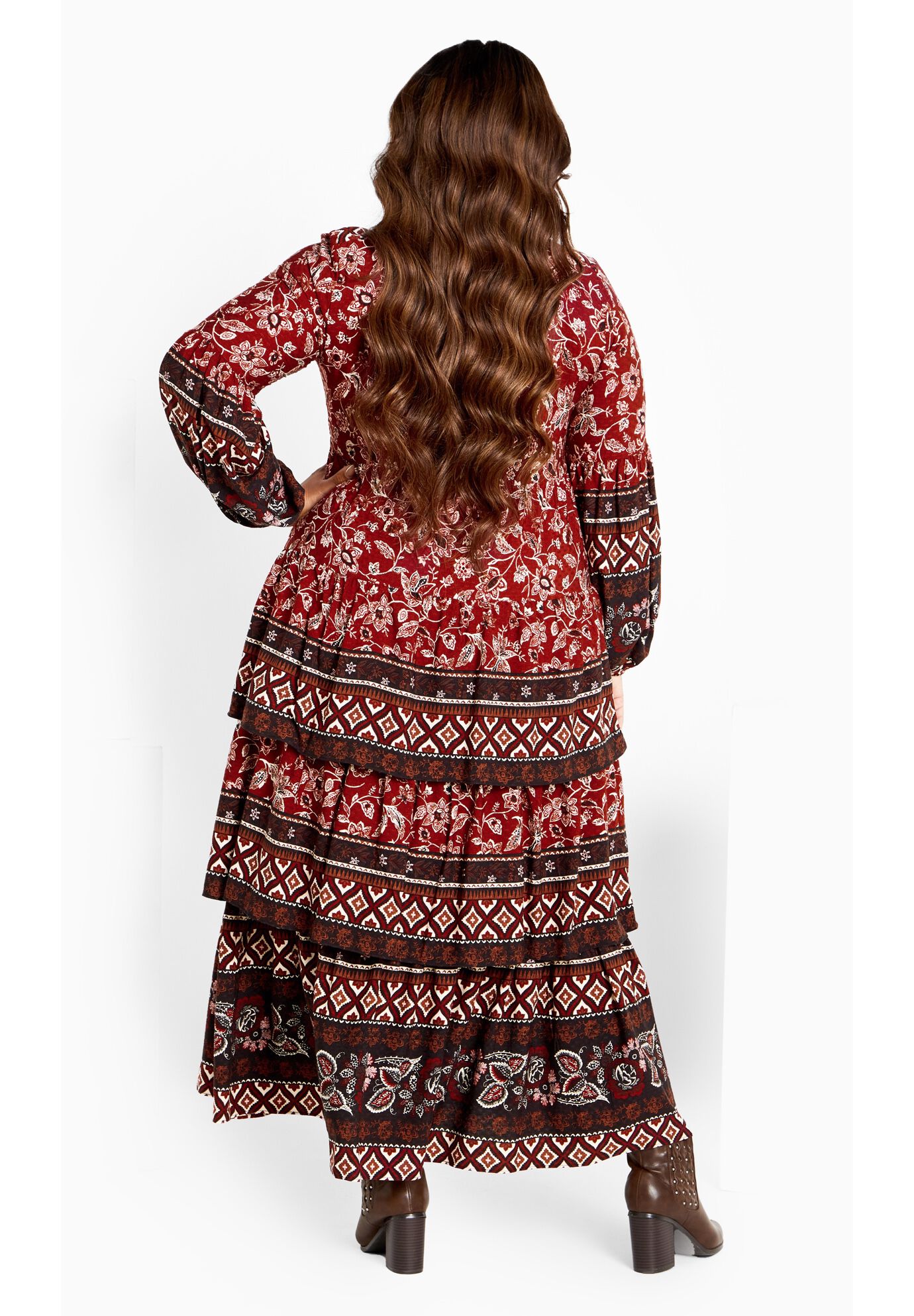 Faye Tiered Maxi Dress, FLAME BORDER, on-hover image number 1