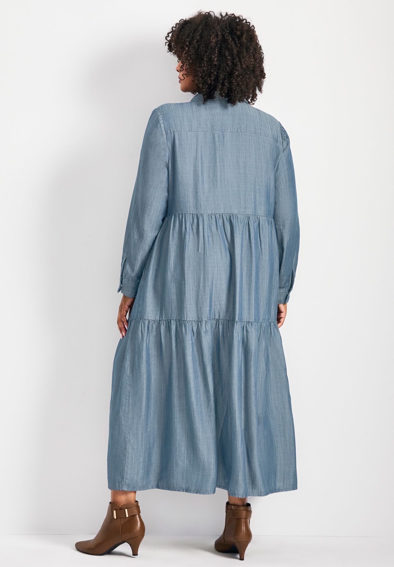 Denim Tiered Shirtdress, MID WASH, on-hover image number 1
