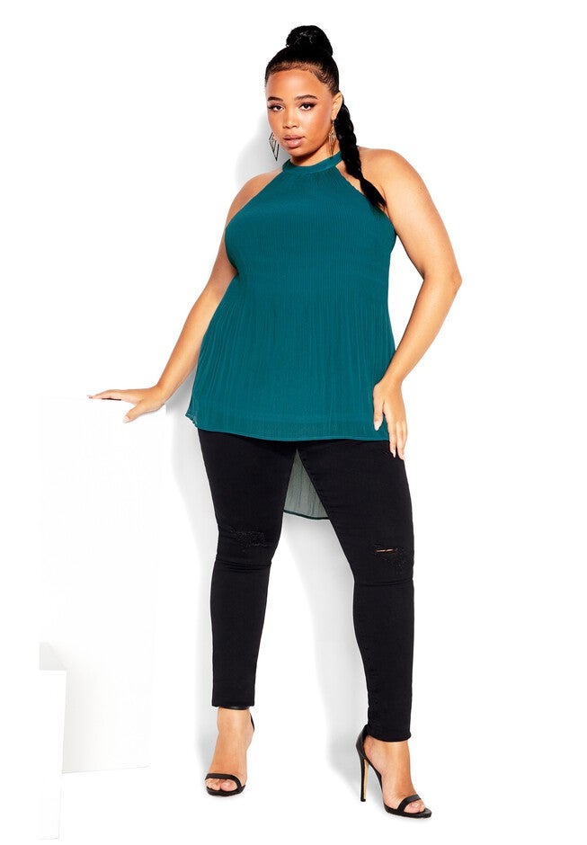 Halter Pleat Top - teal, GREEN, on-hover image number 1